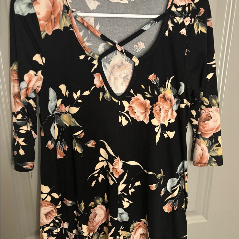 Floral Maternity Black Dress with Pink and Cream Roses